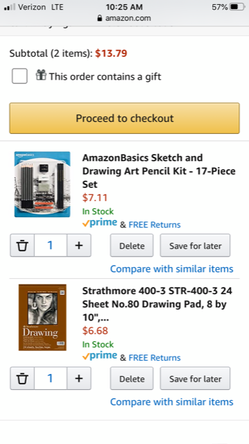 Amazon cart with AmazonBasics sketch and drawing art pencil kit, and Strathmore No. 80 drawing pad