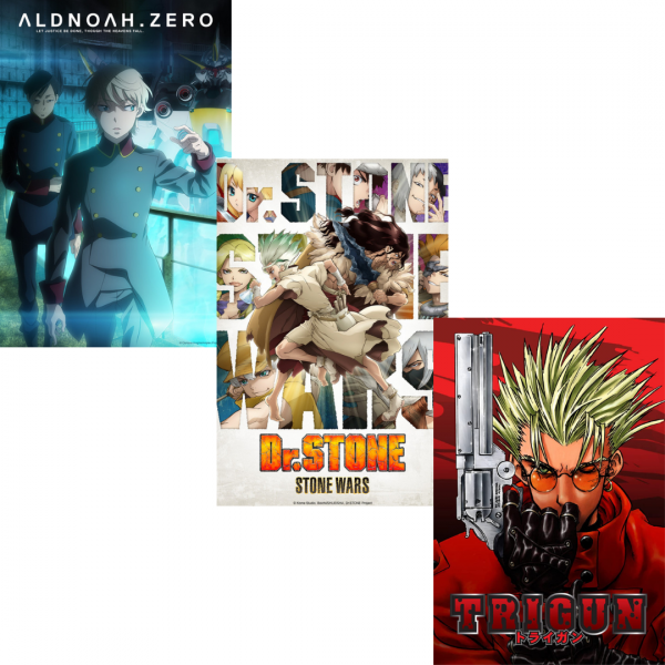 Anime covers of Aldnoah.Zero, Dr. Stone, and Trigun