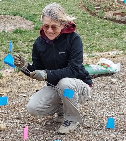 Woman in a black jacket and tan pants crouches in a garden holding blue flags