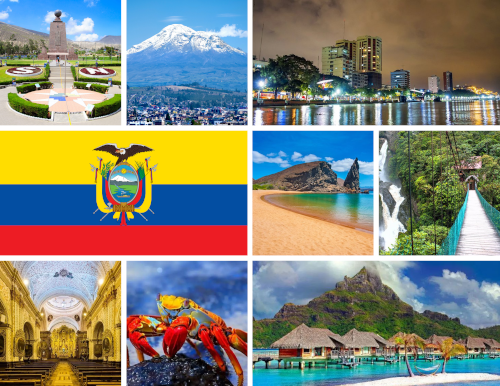 Collage of photos of locations in Ecuador and the Ecuadorian flag