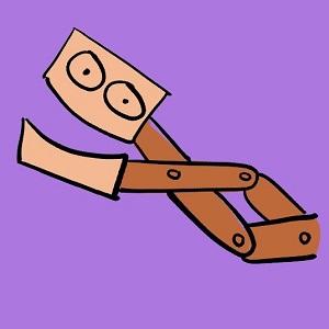 drawing of a scissor-arm contraption with a cartoon face, on a purple background